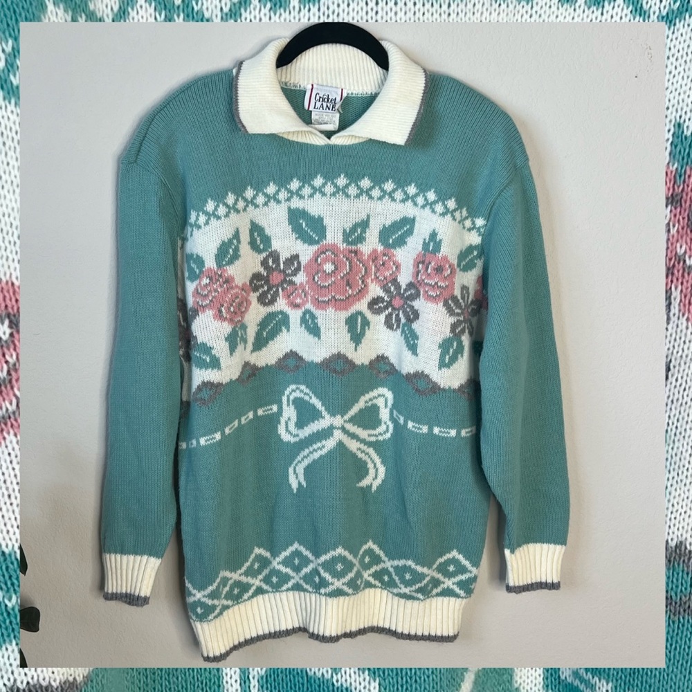 Vintage 1980s Cricket Lane collar floral and bow knit sweater size Large